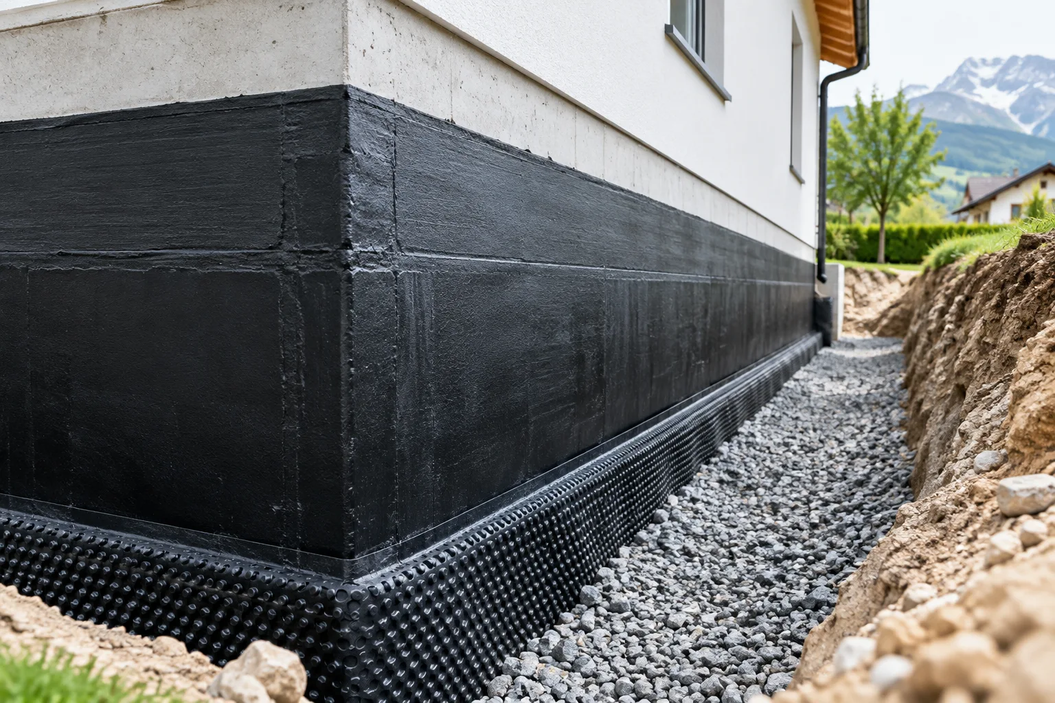 Abgedichtete Kelleraußenwand mit Schutzschicht und Entwässerung