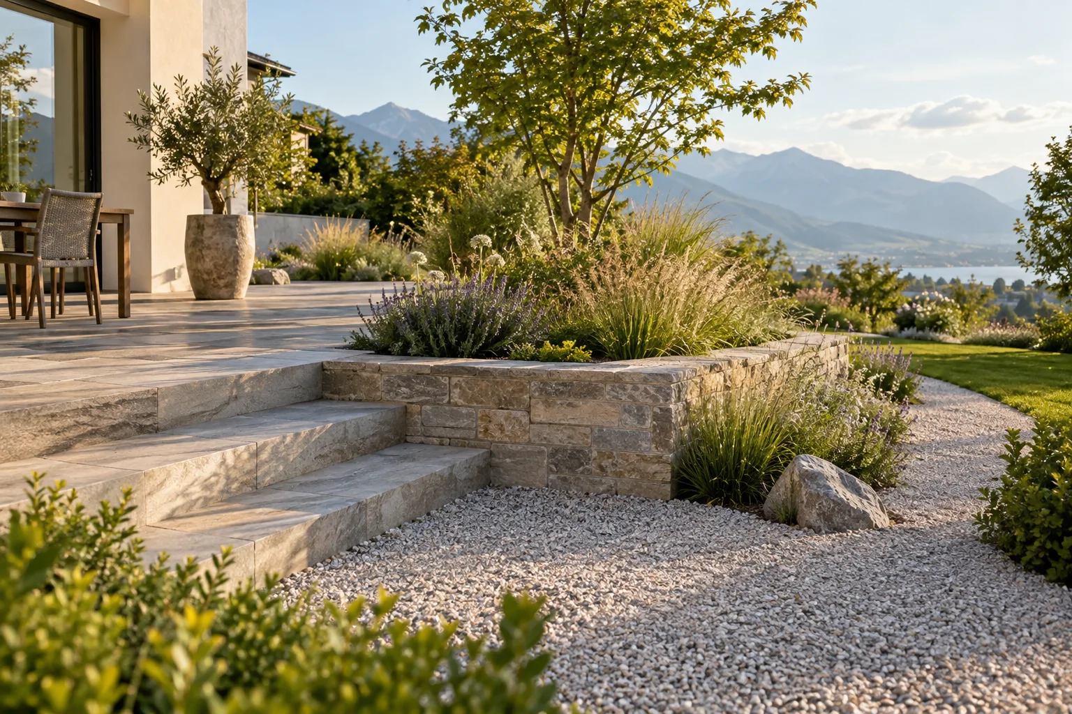 Natursteinterrasse, Gartenwege und bepflanzte Außenanlage