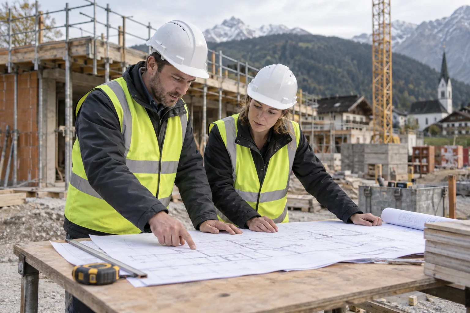 Zwei Bauverantwortliche besprechen Pläne auf der Baustelle