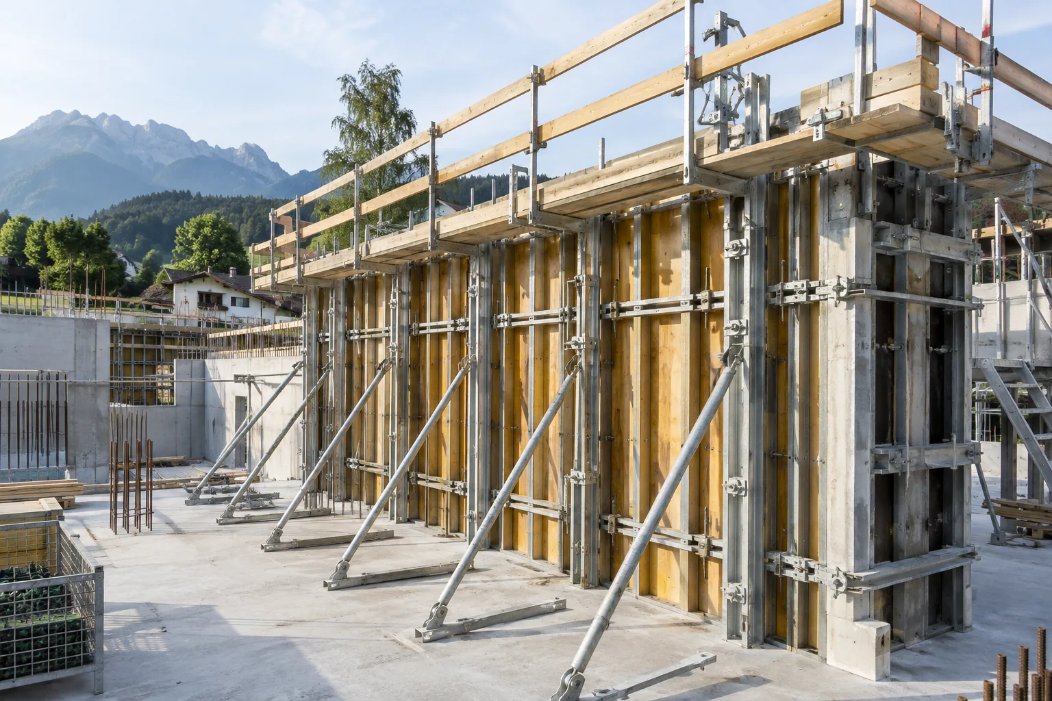 Abgestützte Wandschalung auf einer vorbereiteten Baustelle